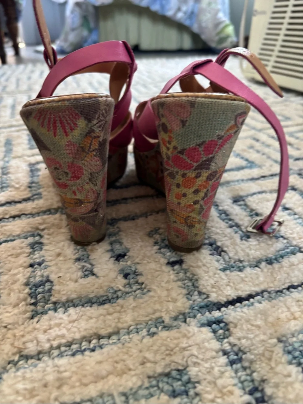 Women's Pink Leather Wedge Sandals with bridal design on wedge heel
